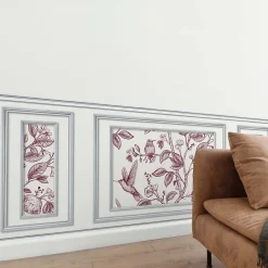 Plage Papier peint trompe l'oeil boiserie, fleurs et oiseaux, 75x200cm. Décoration murale intérieure panoramique.* Papier Peint Art Déco