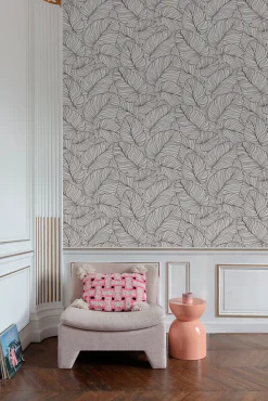 Grandeco Papier peint vinyle expansé intissé feuilles de bananier Isa noir et blanc L.1005 x l.53 cm* Papier Peint Naturel Et Tropical|Papier Peint Pour Couloir