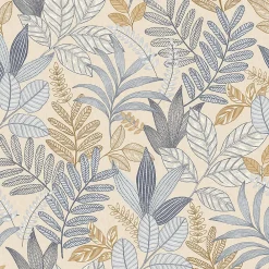 Sale Lutece Papier peint vinyle intissé Allure mat et satiné feuilles beige, bleu, or, jaune l.1005 x l.53 cm