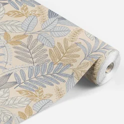 Sale Lutece Papier peint vinyle intissé Allure mat et satiné feuilles beige, bleu, or, jaune l.1005 x l.53 cm