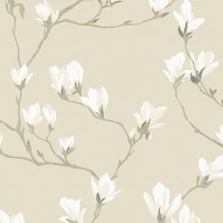 Laura Ashley Papier peint vinyle intissé fleuri beige L.1000 x l.52 cm Magnolia grove* Papier Peint Fleuri|Papier Peint Pour Couloir