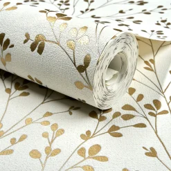 Grandeco Papier peint vinyle intissé feuillage Omura doré, blanc L.1005 x l.53cm* Papier Peint Naturel Et Tropical|Papier Peint Pour Couloir