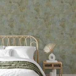 Clearance Grandeco Papier peint vinyle intissé texturé effet plâtre vert, bleu satiné L.1005 x l.53cm