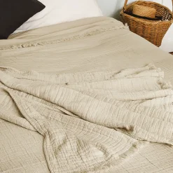 Linnea Plaid avec franges 125x180 cm BREHAT 100% gaze de coton marron galet* Plaid Canapé