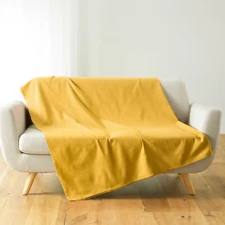 Best Douceur D'Intérieur Plaid enroulable 220 x 240 cm Polycoton Lucile Jaune Curry avec fermeture boutons