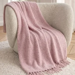 Hot Ornami Plaid toucher doux rose à franges 130x170cm