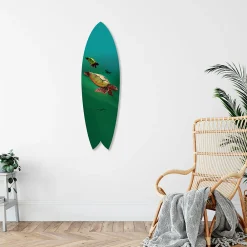 New Déclina Planche de surf décorative, impression sur alu-dibond, déco murale, Planche de surf déco murale Tortue Marine, 100x30 cm