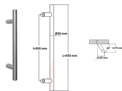 Clearance Hardwarexchange Poignée de tirage Diamètre 30 mm - Entraxe300 - S80 - A70 - L450 mm - inclinée 45 - INOX 304 satiné