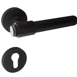 Secury-T Poignées de porte sur rosace ronde noir mat industriel - Modèle Ema Trou de cylindre i* Poignée Sur Rosace