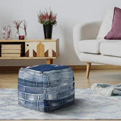 Womo-Design Pouf carré Pittsburgh 45 cm bleu pièce unique artisanal en jean rembourrage de coton* Pouf Et Poire