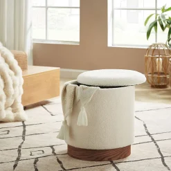 Sicaan Pouf coffre JULIETTE tissu bouclette blanc & base bois foncé* Pouf Et Poire