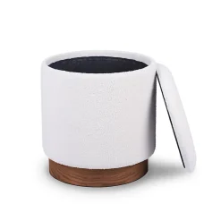 Sicaan Pouf coffre JULIETTE tissu bouclette blanc & base bois foncé* Pouf Et Poire