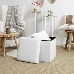 Best The Home Deco Factory Pouf coffre pliable en bouclette blanc
