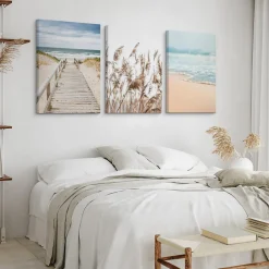 Clearance Muralo Set De Tableaux Plage Mer Pont Plantes 90cm x 40cm - Parfait pour décorer votre salon, chambre ou bureau avec un design unique et