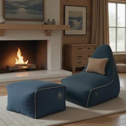 Soo Santaï Buddy's Rest fauteuil poire + repose pieds 90x60x85/45x60x35cm interieur dehoussable, Bleu jeans, sans polystyrène* Pouf Et Poire