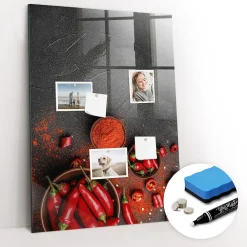Wallfluent Tableau Aimanté 70x100 cm Paprika moulu Marqueur blanc En Verre Pour Cuisine* Pêle-Mêle Et Pense Bête