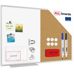 ALLboards Tableau Combi 2 en 1, Blanc Magnétique Effaçable à Sec et en Liège avec Cadre en Aluminium 90x60cm* Pêle-Mêle Et Pense Bête