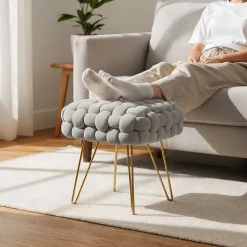 Akord Furniture Factory Tabouret en velours tressé rembourré 38 cm DOTTY Gris Clair* Pouf Et Poire