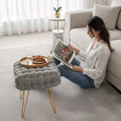Akord Furniture Factory Tabouret en velours tressé rembourré 38 cm DOTTY Gris Clair* Pouf Et Poire
