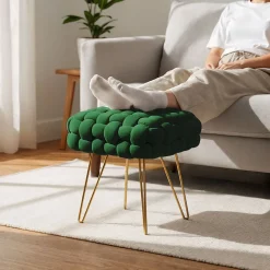 Akord Furniture Factory Tabouret en velours tressé rembourré 38 cm DOTTY Vert Bouteille* Pouf Et Poire