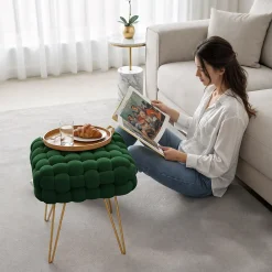 Akord Furniture Factory Tabouret en velours tressé rembourré 38 cm DOTTY Vert Bouteille* Pouf Et Poire