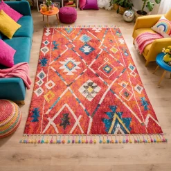 Unamourdetapis Tapis berbère tissé motifs tribaux LYN5 OURIKA B, bleu, jaune, rose, orange, blanc