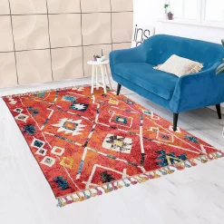 Unamourdetapis Tapis berbère tissé motifs tribaux LYN5 OURIKA B, bleu, jaune, rose, orange, blanc* Tapis Persan Et Berbère
