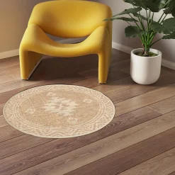 GoodHome Tapis Boyoz intérieur et extérieur tissé beige et blanc ⌀80 cm* Tapis Intérieur|Tapis Jute Et Naturel