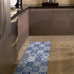 Crearreda Tapis de Cuisine antidérapant en Vinyle Carreaux de Ciment Bleus 50x120 cm* Tapis Pour Cuisine