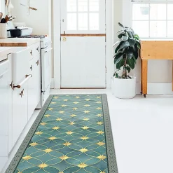 Crearreda Tapis de Cuisine antidérapant en Vinyle Carreaux Verts et Dorés 180x50* Tapis Pour Cuisine