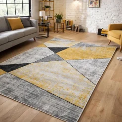 Unamourdetapis Tapis pour une chambre ou une entrée tissé motif géométrique ROSALINE, jaune, gris, écru* Tapis Pour Salon