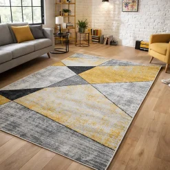 Unamourdetapis Tapis pour une chambre ou une entrée tissé motif géométrique ROSALINE, jaune, gris, écru* Tapis Pour Salon