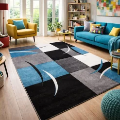 Unamourdetapis Tapis salon et chambre tissé motif damier LYN8 COMMA, Gris, bleu, noir* Tapis Pour Salon