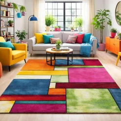 Unamourdetapis Tapis salon et chambre tissé motif géométrique LYN8 GEOME, Multicolore, vert, bleu, rouge* Tapis Pour Chambre