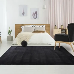 Sale Unamourdetapis Tapis salon LYN10 LAVABLE, soft et soyeux, tapis uni à l'aspect Shaggy, noir