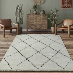 The Carpet Tapis salon poils longs nordique - Blanc Noir - 80 x 150 cm - Bahar Shaggy* Tapis Pour Chambre