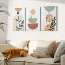 Wallfluent Trio de Tableaux Décoratifs 40x60 cm Formes Végétales Abstraites Bords Imprimés Finition Parfaite Prêt à Poser* Tableau Déco