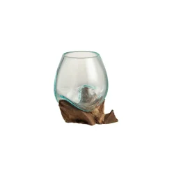 Clearance J-Line Vase en verre sur socle bois 13x10x11 cm