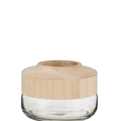 Clearance J-Line Vase rond en bois et verre H18cm