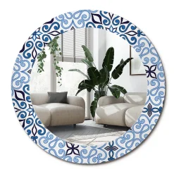 Best Wallfluent XXL Miroir Rond Cadre Verre fi100 cm Motif Arabe Bleu Décoration Murale Premium Sécurisé