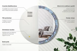 Best Wallfluent XXL Miroir Rond Cadre Verre fi100 cm Motif Arabe Bleu Décoration Murale Premium Sécurisé